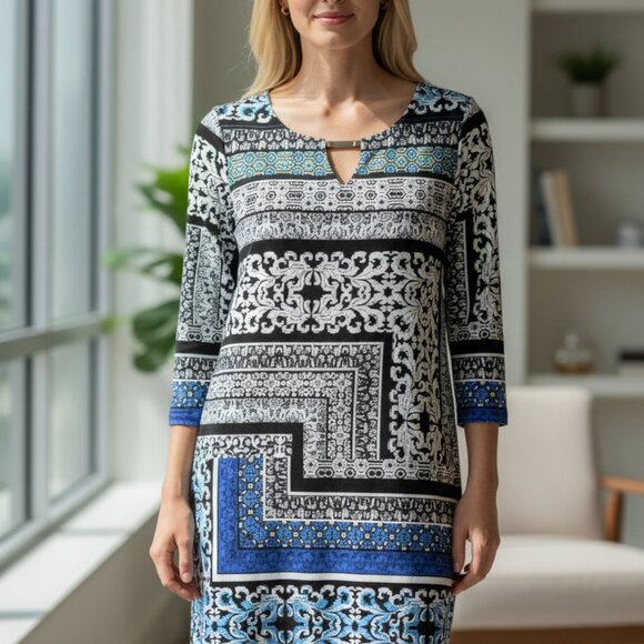 Tiana B. Dresses & Skirts - Geometric Print Tiana B. Dress With 3/4 Sleeves In Black/Blue Size M